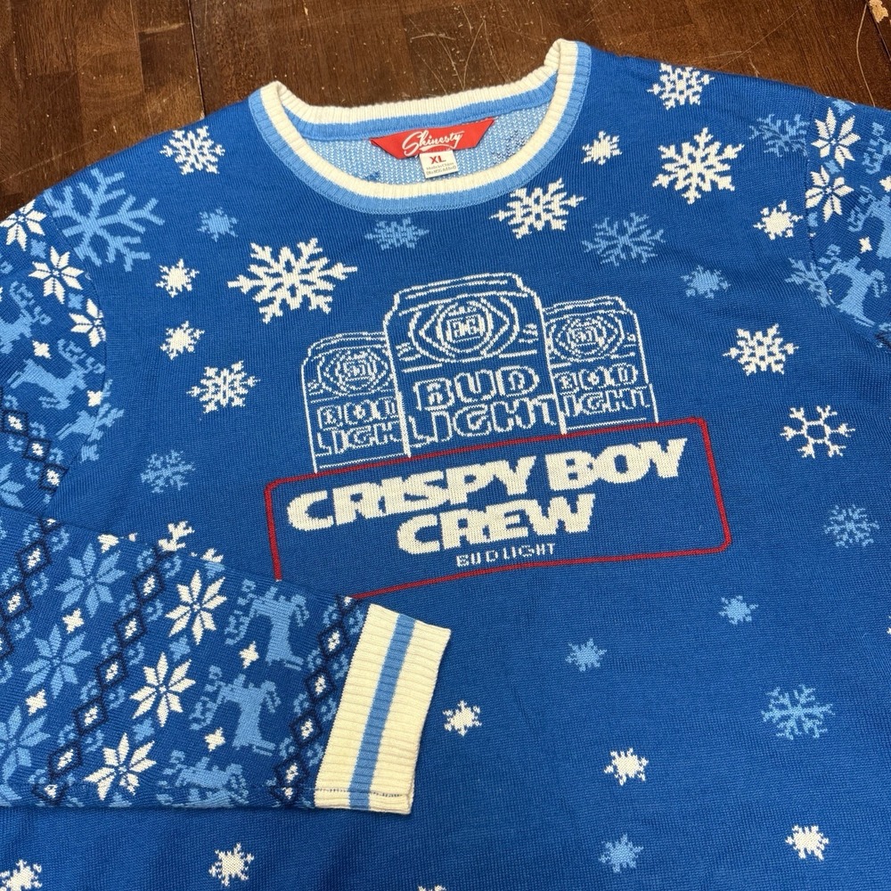 Shinesty Bud Light Beer Crispy Boy Crew Ugly Christmas Sweater Holiday Size XL